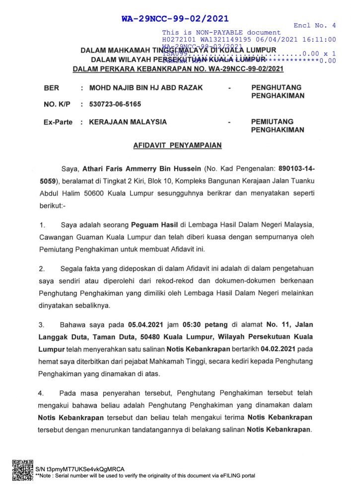 NOTIS KEBANKRAPAN NAJIB TUN RAZAK: JUMLAH RM1,738,804,204.16 